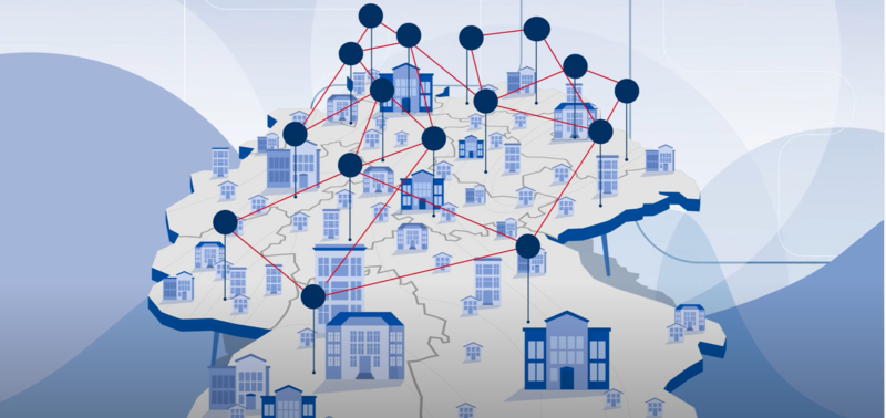 Landkarte mit vernetzten Verwaltungsgebäuden